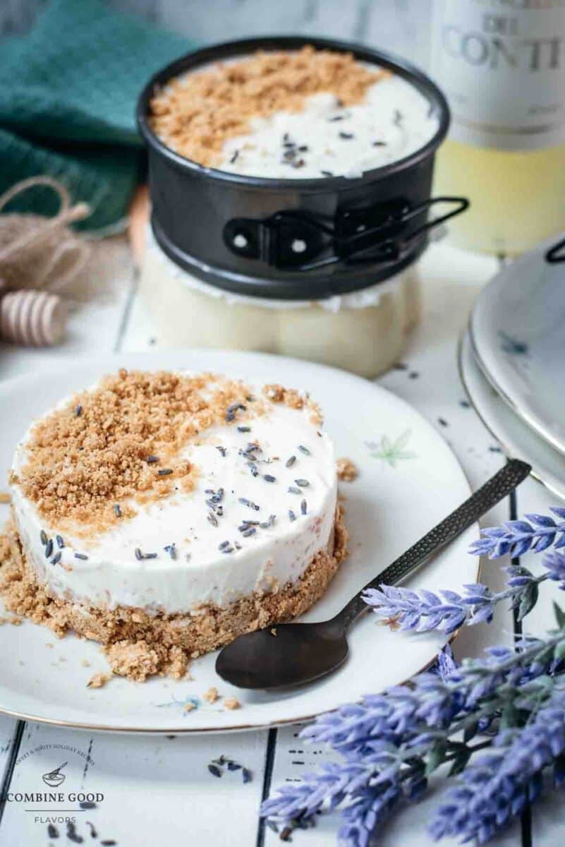 Adorable mini no bake cheesecakes with lavender and limoncello, placed on plates with a floral pattern.