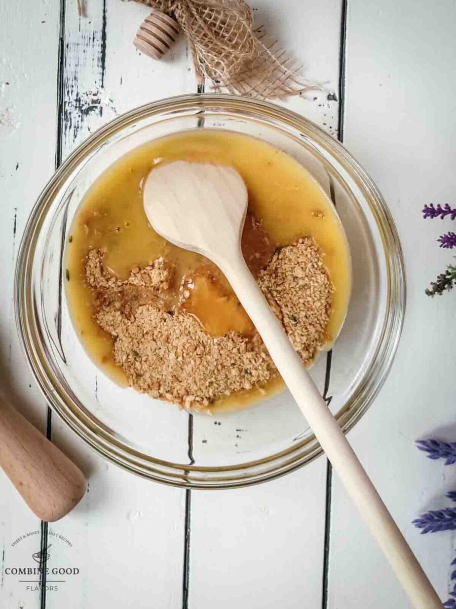 Add melted butter to the prepared lavender graham cracker crumbs.