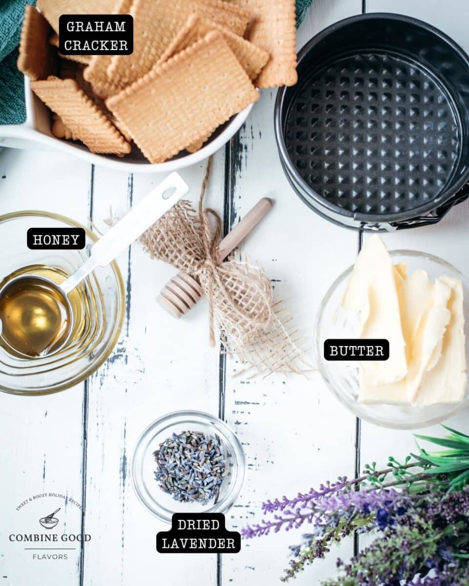 Ingredients Mini Limoncello Lavender Cheesecakes - crust - graham cracker, honey, butter, and dried lavender.