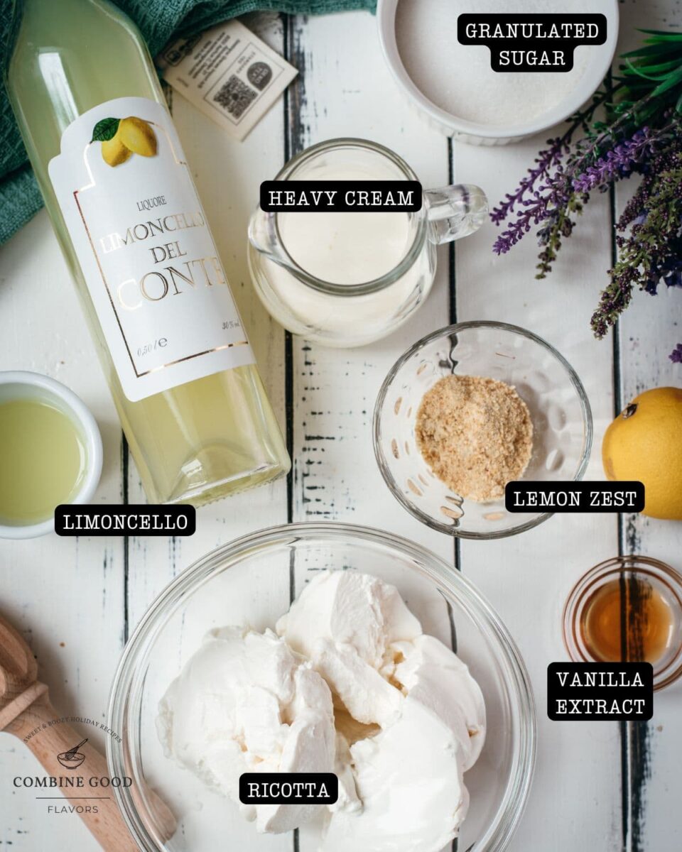 Ingredients Mini Limoncello Lavender Cheesecakes - cream - limoncello, heavy cream, granulated sugar, lemon zest, vanilla extract and ricotta.