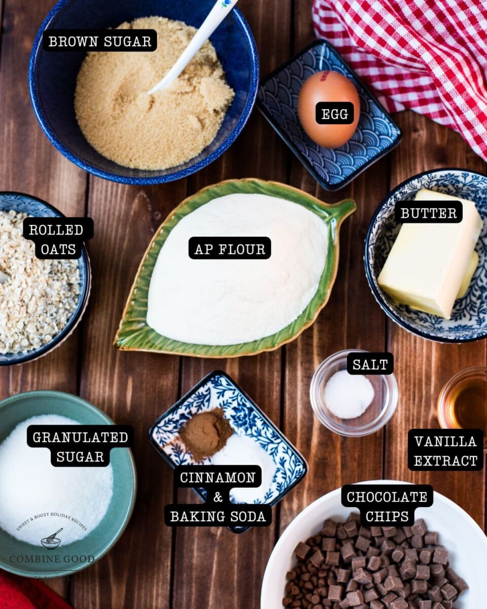 Ingredients - soft oatmeal chocolate chip cookies - brown sugar, egg, butter, ap flour, rolled oats, granulated sugar, cinnamon, baking soda, salt, vanilla extract and chocolate chips.