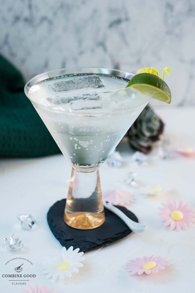 Easy and delicious! Vermouth tonic, in a gorgeous cocktail glass, placed on a black heartshaped slate coaster.