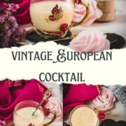Creamy, dreamy Maraschino liqueur cocktail served in whimsical cup with red and golden butterflies and flowers. Placed on a black slate heart shaped coaster.