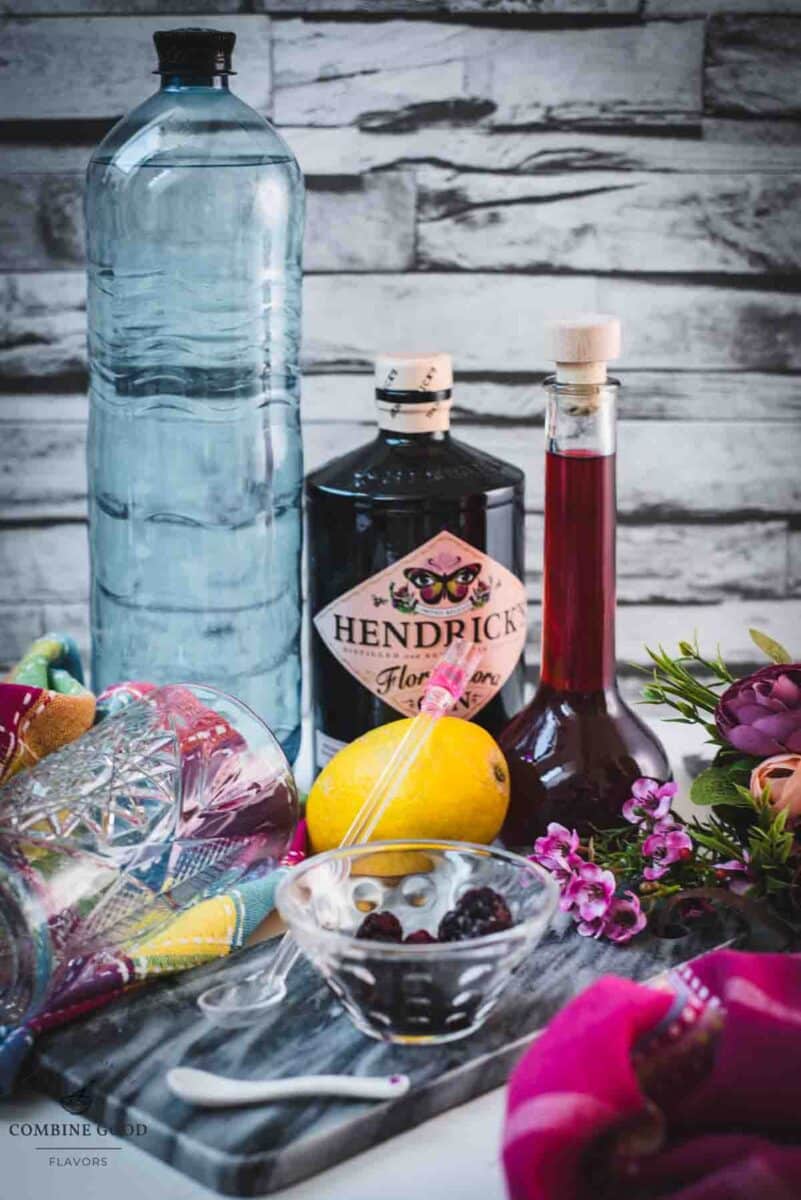 Ingredients - blackberry raspberry gin fizz - soda, gin, blackberry raspberry liqueur, lemon.