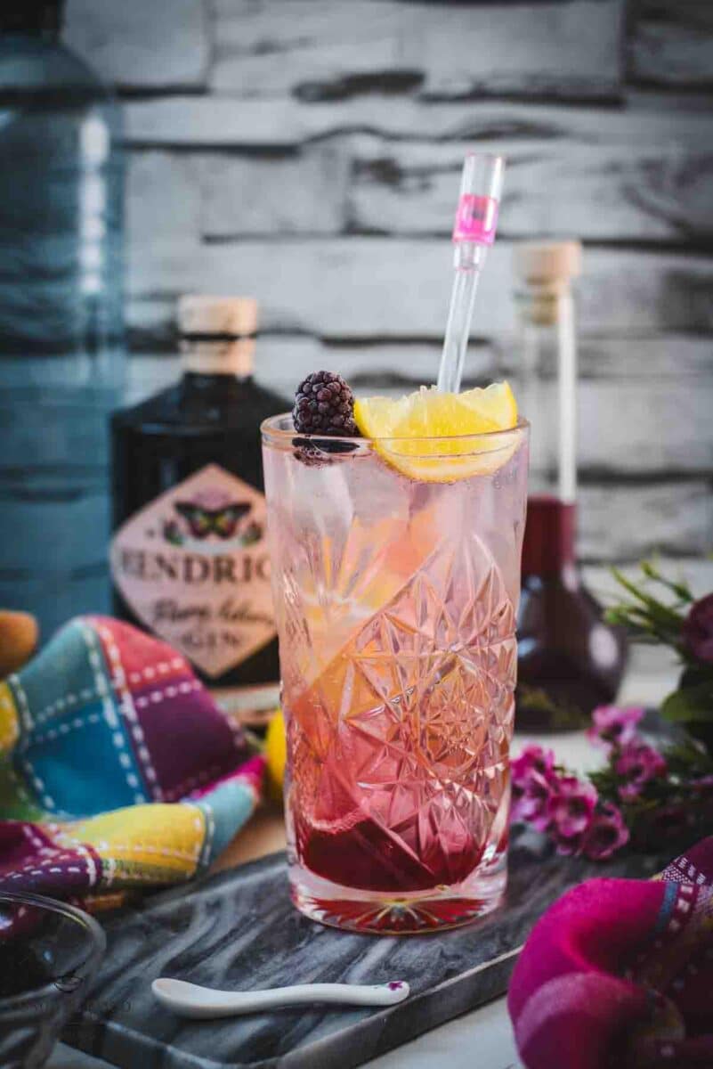 Refreshing blackberry raspberry gin fizz, garnished with a lemon wedge and a blackberry, placed on marbled plate.