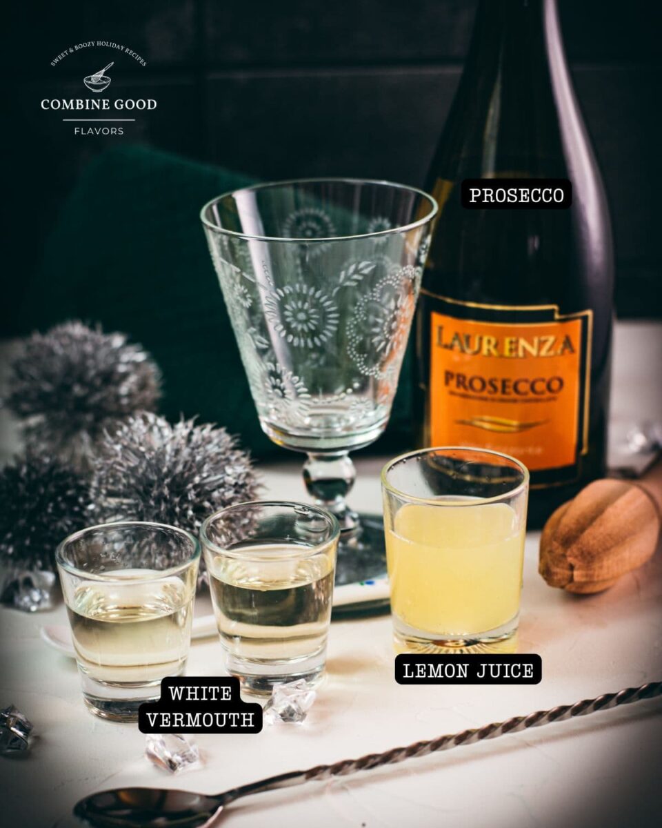 Blondie Cocktail ingredients - white vermouth, lemon juice, sparkling wine.