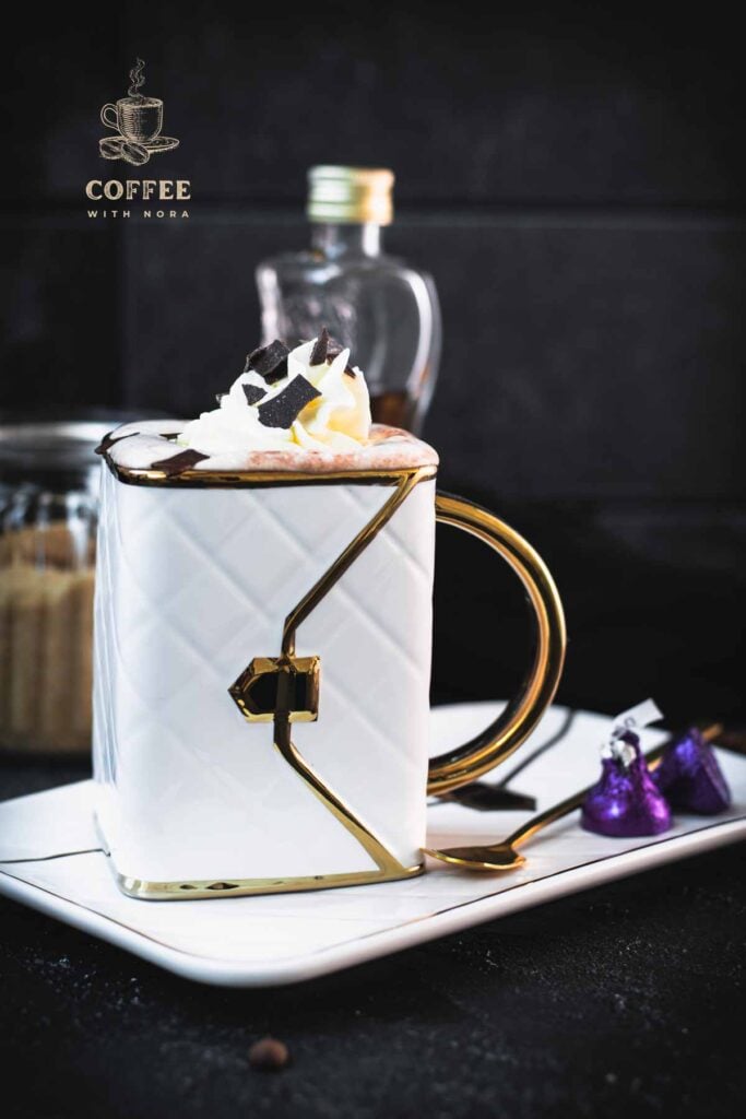 Decadent brown sugar mocha, served in gorgeous mug that looks like a delicate handbag.