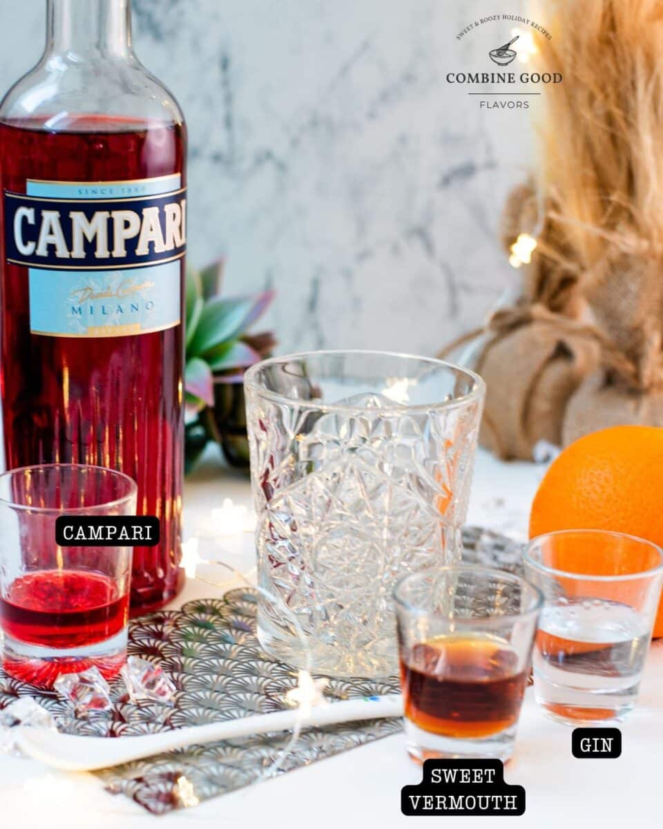 Ingredients - Negroni - Campari, sweet vermouth, and gin.