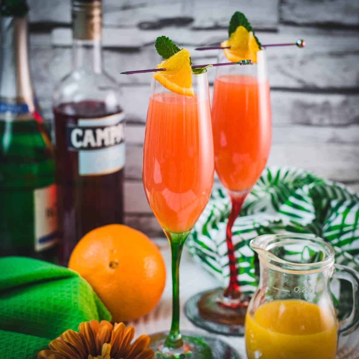 Two champagne glasses filled with vibrant Campari Mimosa. Garnished with an Orange slice and mint leaf on a cocktail skewer.