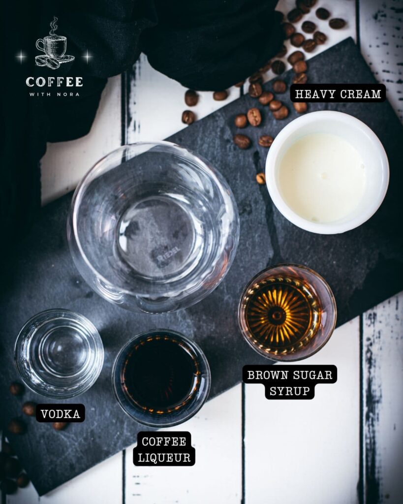 Ingredients - brown sugar white russian - vodka, coffee liqueur, brown sugar syrup, heavy cream.