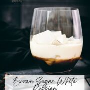 Simple GT glass, filled with delicious brown sugar white Russian. Placed on a black slate plate.