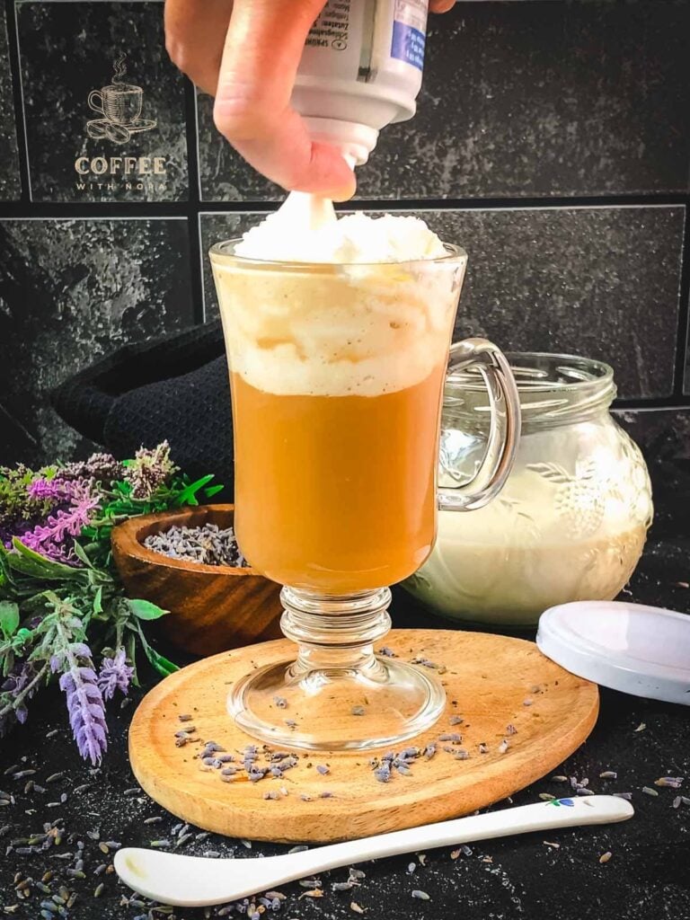Top the lavender latte with whipped cream (from the can works great!).