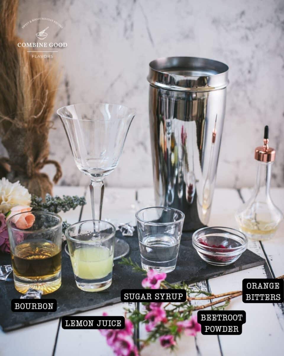 Ingredients - beetroot sour - bourbon, lemon juice, sugar syrup, beetroot powder, orange bitters.