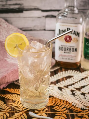 Gorgeous Bourbon Highball cocktail, made with Bourbon and Ginger beer. Served with a lemon slice.