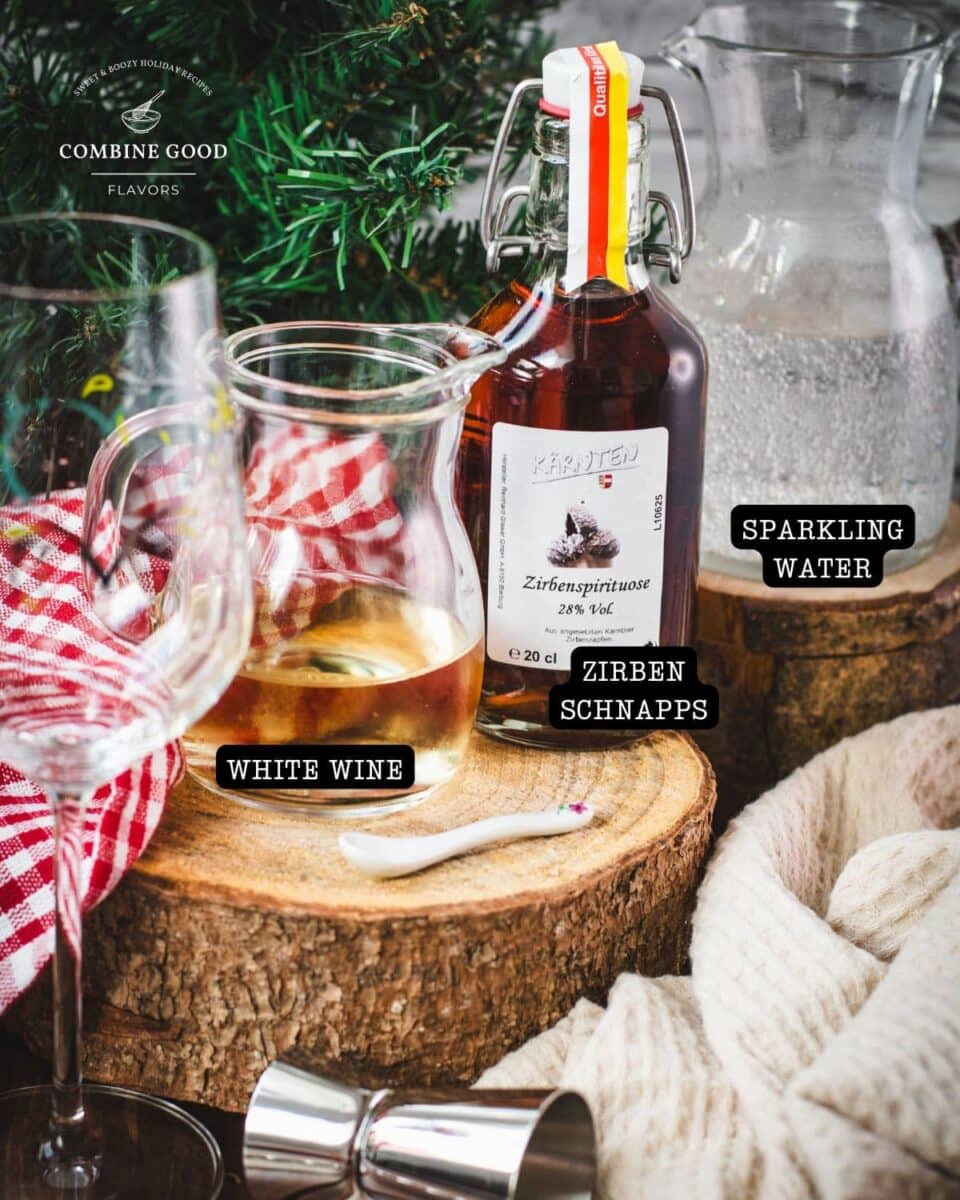 Ingredients Zirben Spritzer - white wine, zirben schnapps, sparkling water.