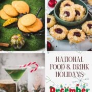 Festive December food and drink holiday recipes, featuring seasonal cookies, eggnog, peppermint treats, cozy desserts, and winter cocktails.