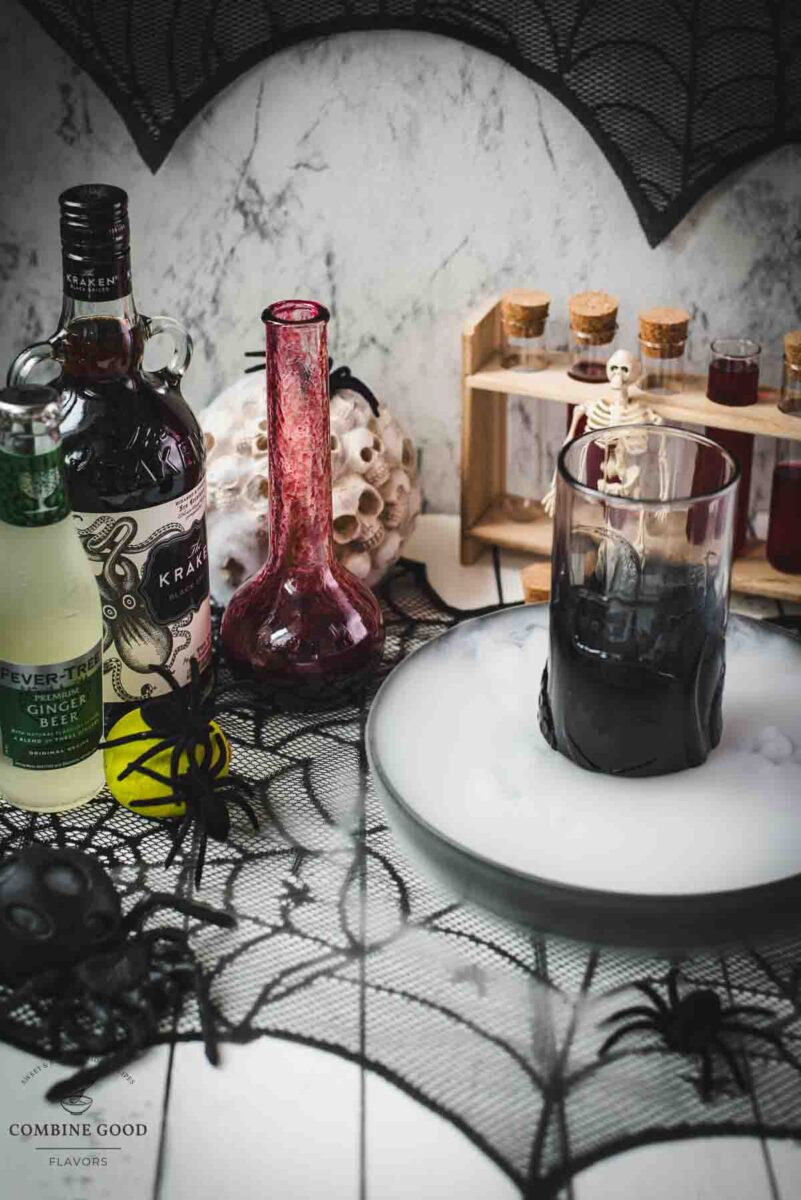 Ingredients - Crimson Kraken Cocktail - Kraken black spiced rum, berry blodd syrup, lemon juice, ginger beer.