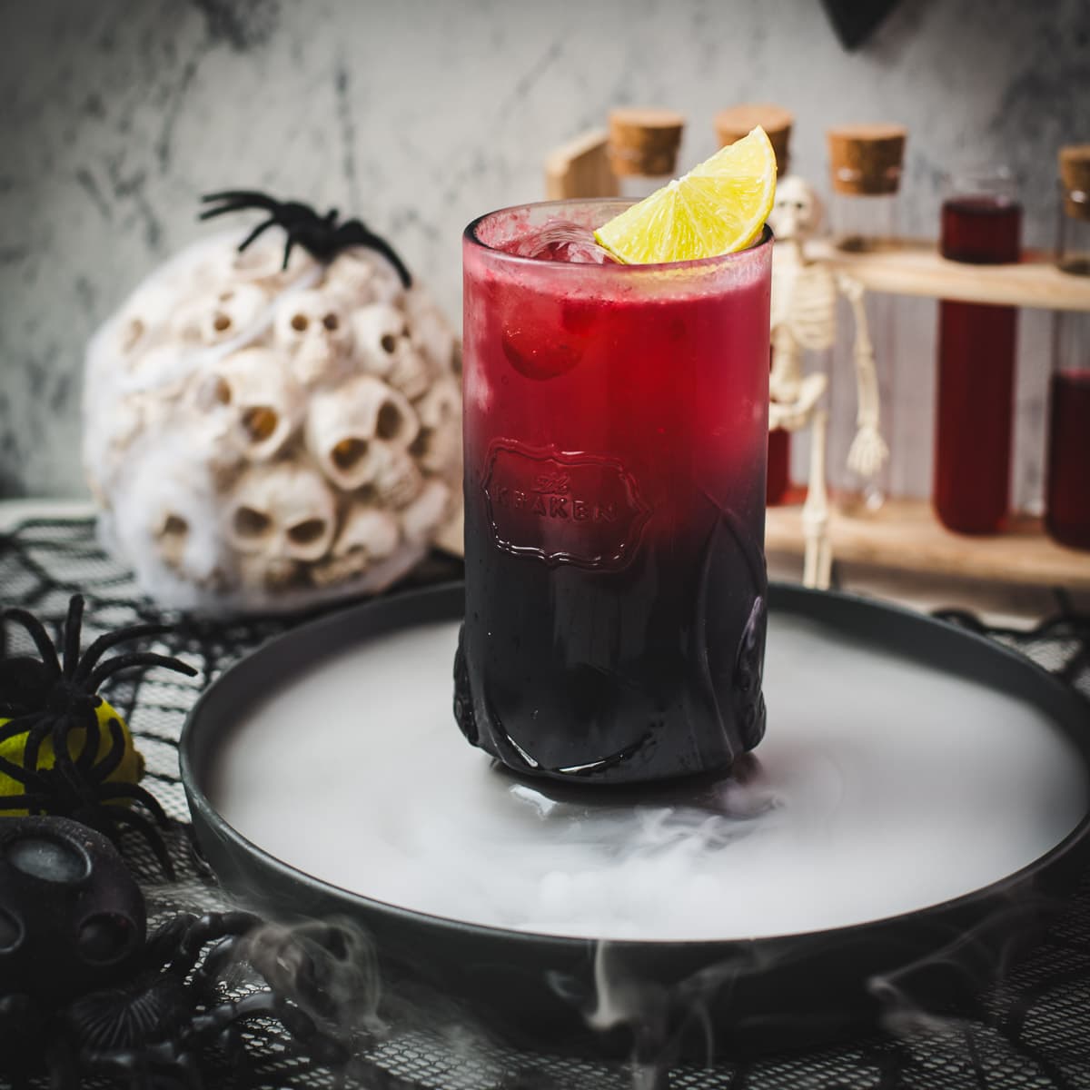 Spooky crimson kraken cocktail with ginger beer and homemade blood syrup.