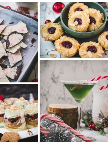 Festive December food and drink holiday recipes, featuring seasonal cookies, eggnog, peppermint treats, cozy desserts, and winter cocktails.