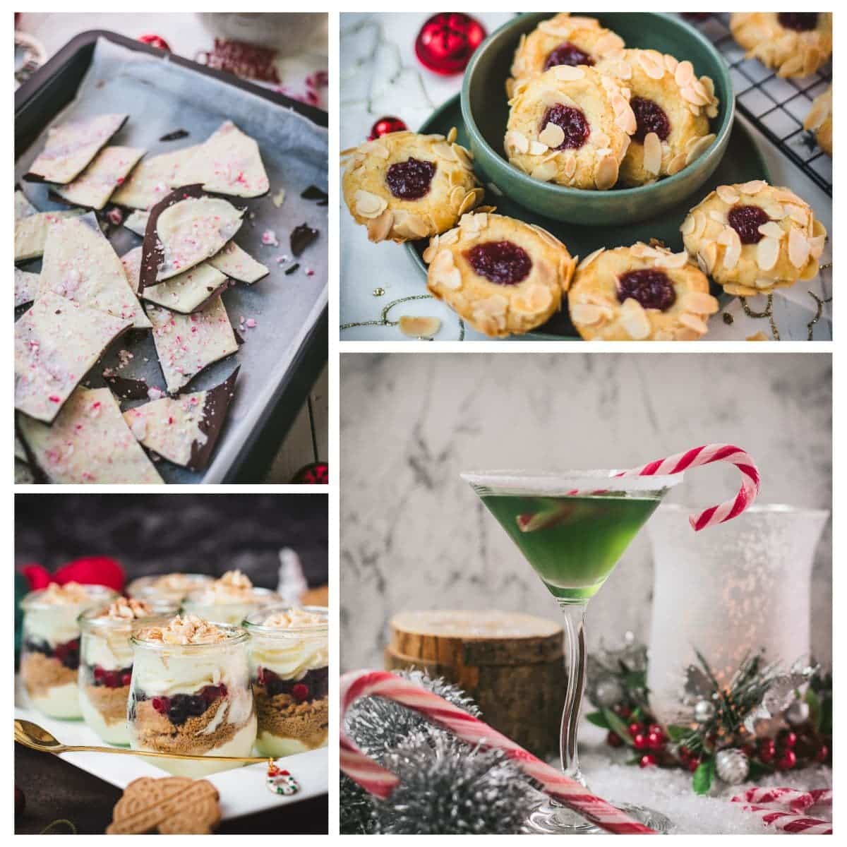 Festive December food and drink holiday recipes, featuring seasonal cookies, eggnog, peppermint treats, cozy desserts, and winter cocktails.