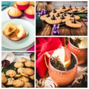 Cozy November food and drink holiday recipes featuring cookies, apple cider, cinnamon treats, mousse, and festive fall desserts.