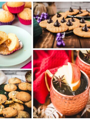Cozy November food and drink holiday recipes featuring cookies, apple cider, cinnamon treats, mousse, and festive fall desserts.