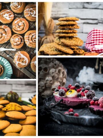 Collage of autumn desserts and Halloween cocktails for October food and drink holiday roundup.