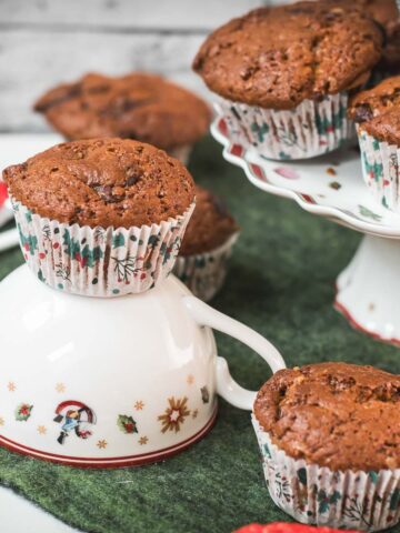Delicious St. Nicholas chocolate muffins, placed one christmassy plates.