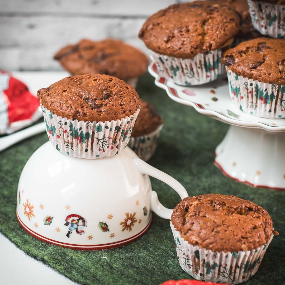 Delicious St. Nicholas chocolate muffins, placed one christmassy plates.