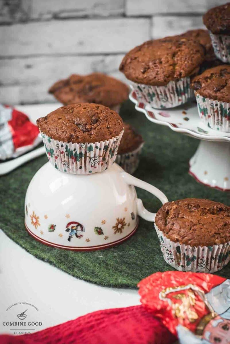 Delicious St. Nicholas chocolate muffins, placed one christmassy plates.