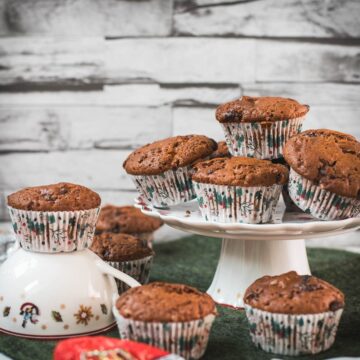Delicious St. Nicholas chocolate muffins, placed one christmassy plates.