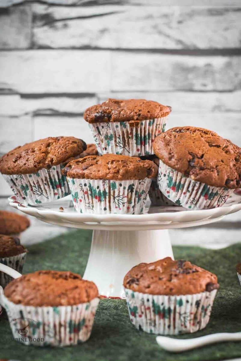 Delicious St. Nicholas chocolate muffins, placed one christmassy plates.