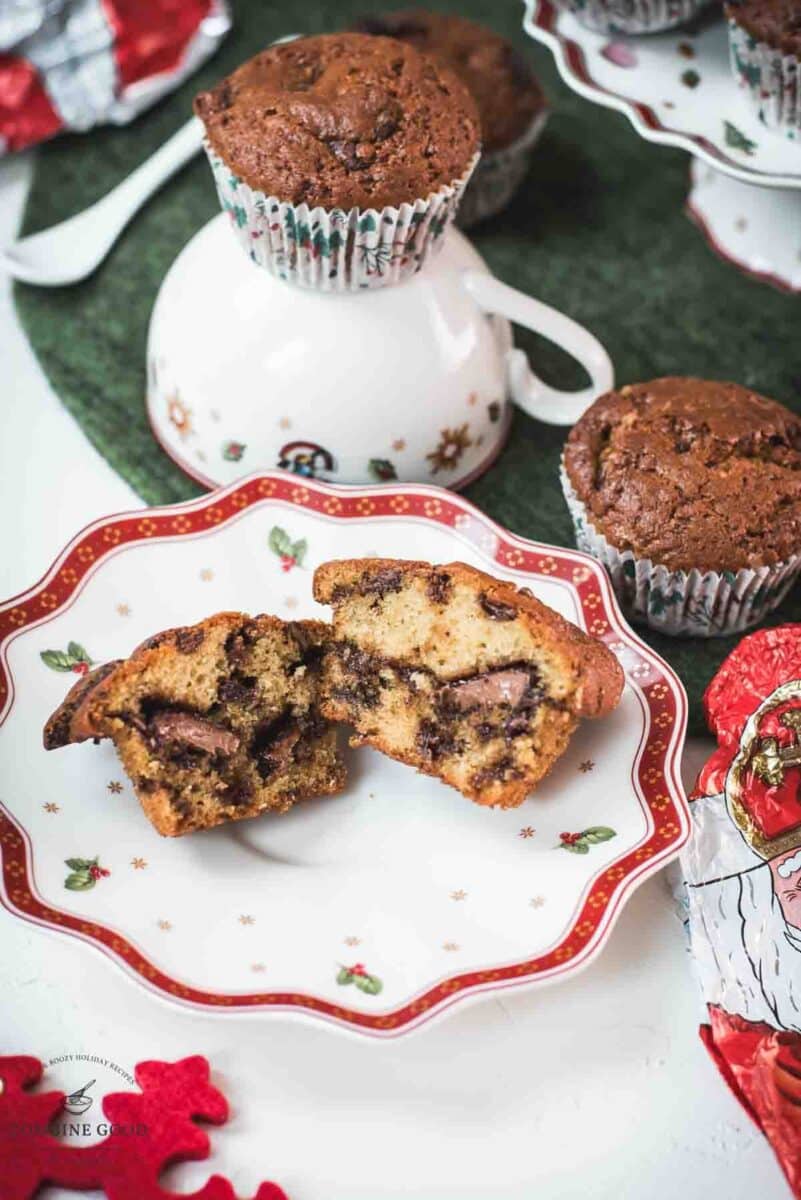 Halved St. Nicholas chocolate muffin, placed one christmassy plates.