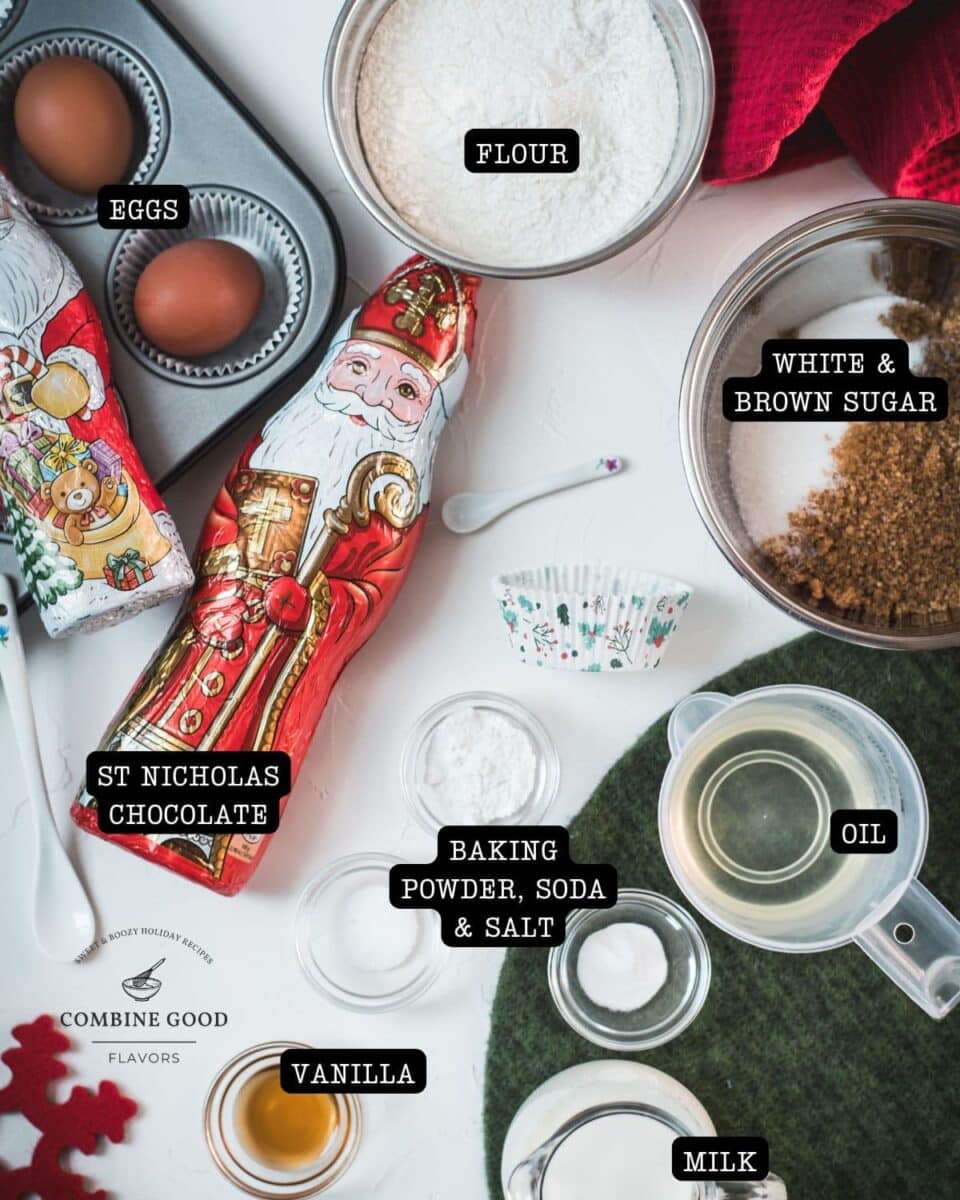 Ingredients - St. Nicholas chocolate muffins - flour, eggs, sugars, oil, milk, vanilla, St. nicholas chocolate, baking powder, soda and salt.