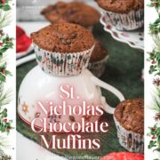 Delicious St. Nicholas chocolate muffins, placed one christmassy plates.