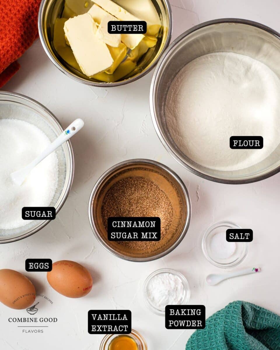Snickerdoodle ingredients - butter, flour, sugar, eggs, salt, baking powder, vanilla extract, cinnamon sugar mix.