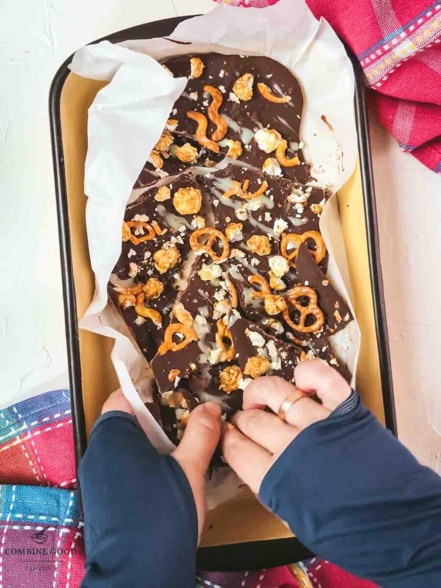 Break the finished chocolate bark into convenient, hand-held pieces.