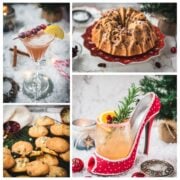 Collage of cranberry desserts and cocktails including cookies, Bundt cake, granola, and festive drinks.