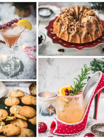 Collage of cranberry desserts and cocktails including cookies, Bundt cake, granola, and festive drinks.