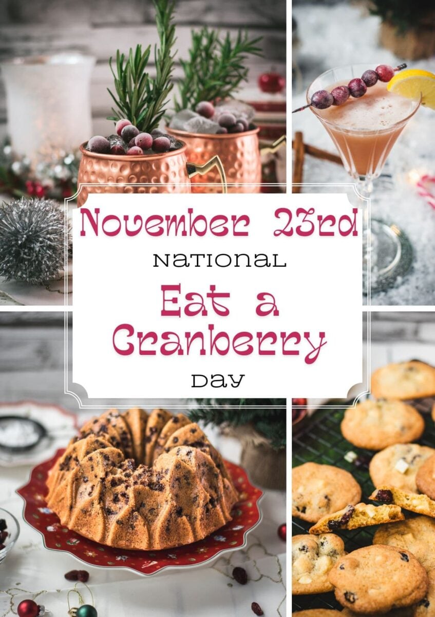 Collage of cranberry desserts and cocktails including cookies, Bundt cake, granola, and festive drinks.
