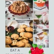 Collage of cranberry desserts and cocktails including cookies, Bundt cake, granola, and festive drinks.