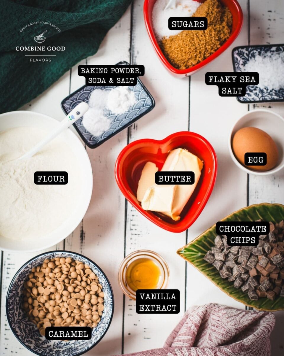 Salted caramel chocolate chip cookies - ingredients - butter, flour, egg, brown and white sugar, baking powder, soda, and salt. Egg, vanilla extract, caramel, flaky sea salt.