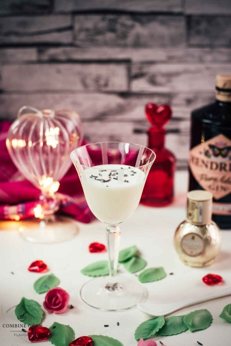 Elegant Gin Alexander, garnished with lavender buds. Perfect for Valentine's Day!