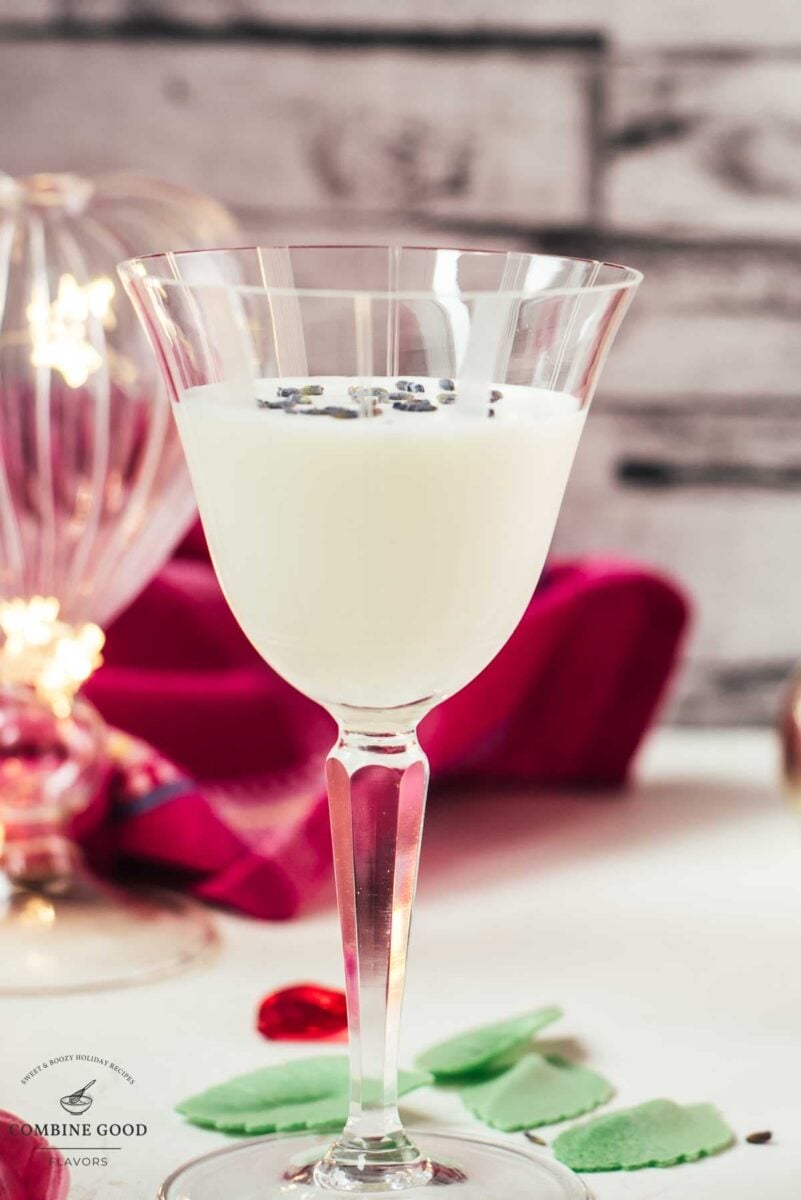 Elegant Gin Alexander, garnished with lavender buds. Perfect for Valentine's Day!