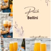 Beautiful champagne flutes, filled with delicious peach Bellini. Placed on blue, wooden ground.