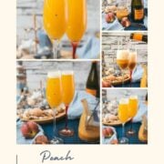 Beautiful champagne flutes, filled with delicious peach Bellini. Placed on blue, wooden ground.