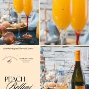 Beautiful champagne flutes, filled with delicious peach Bellini. Placed on blue, wooden ground.