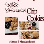 Raspberry macadamia oatmeal white chocolate chip cookies placed on white plate.