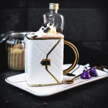 Decadent brown sugar mocha, served in gorgeous mug that looks like a delicate handbag.