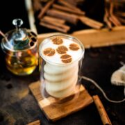 Gorgeous honey cinnamon latte, garnished with stencil made cute little coffee bean shapes.